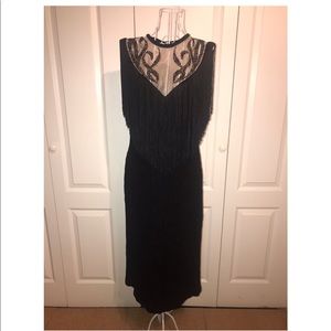 Black fringe dress with illusion neckline